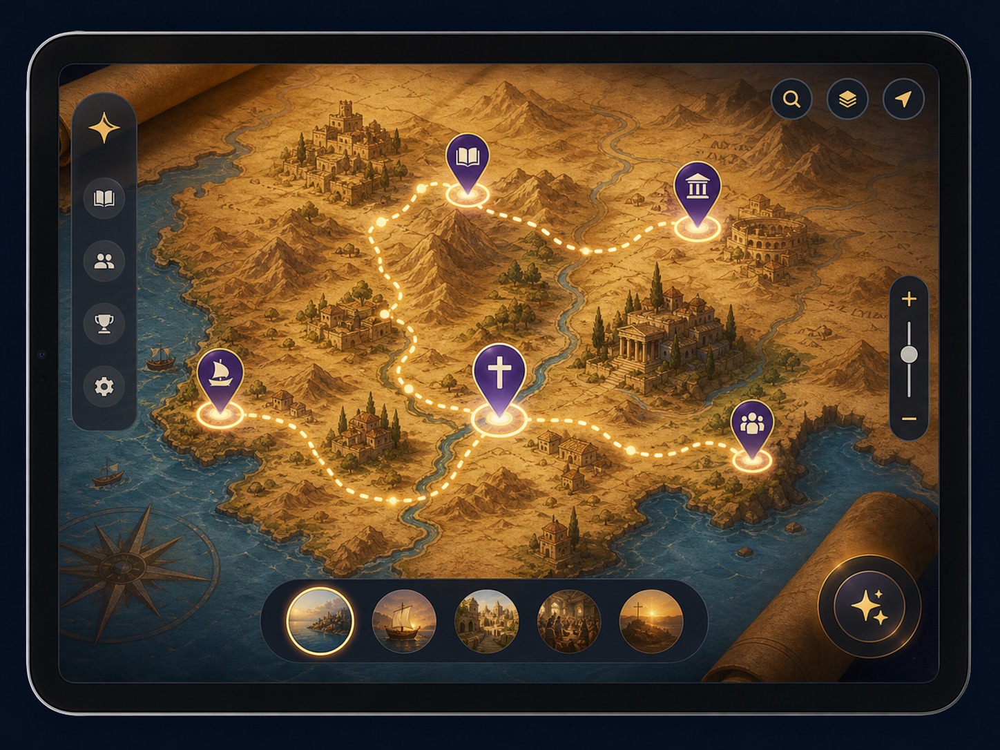 A parchment-style interactive map with route lines, pins, and app controls.