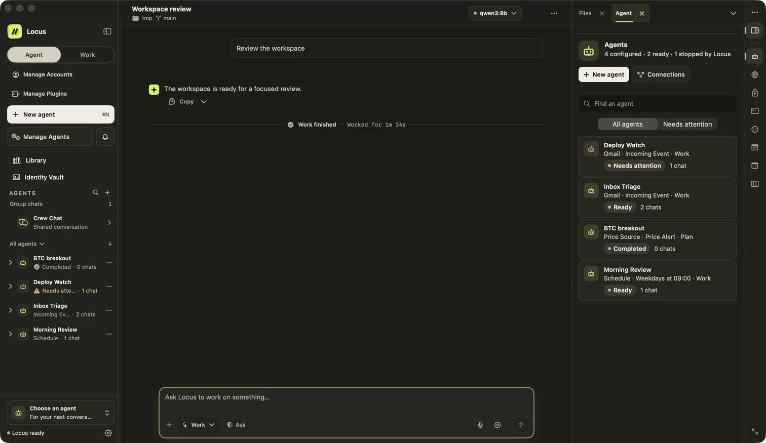 The Locus Mac app with its agent workspace open.