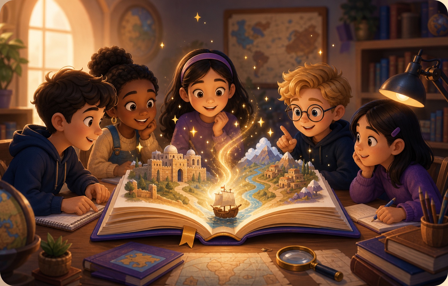 Learners gathered around an open storybook that reveals places, maps, and story worlds.