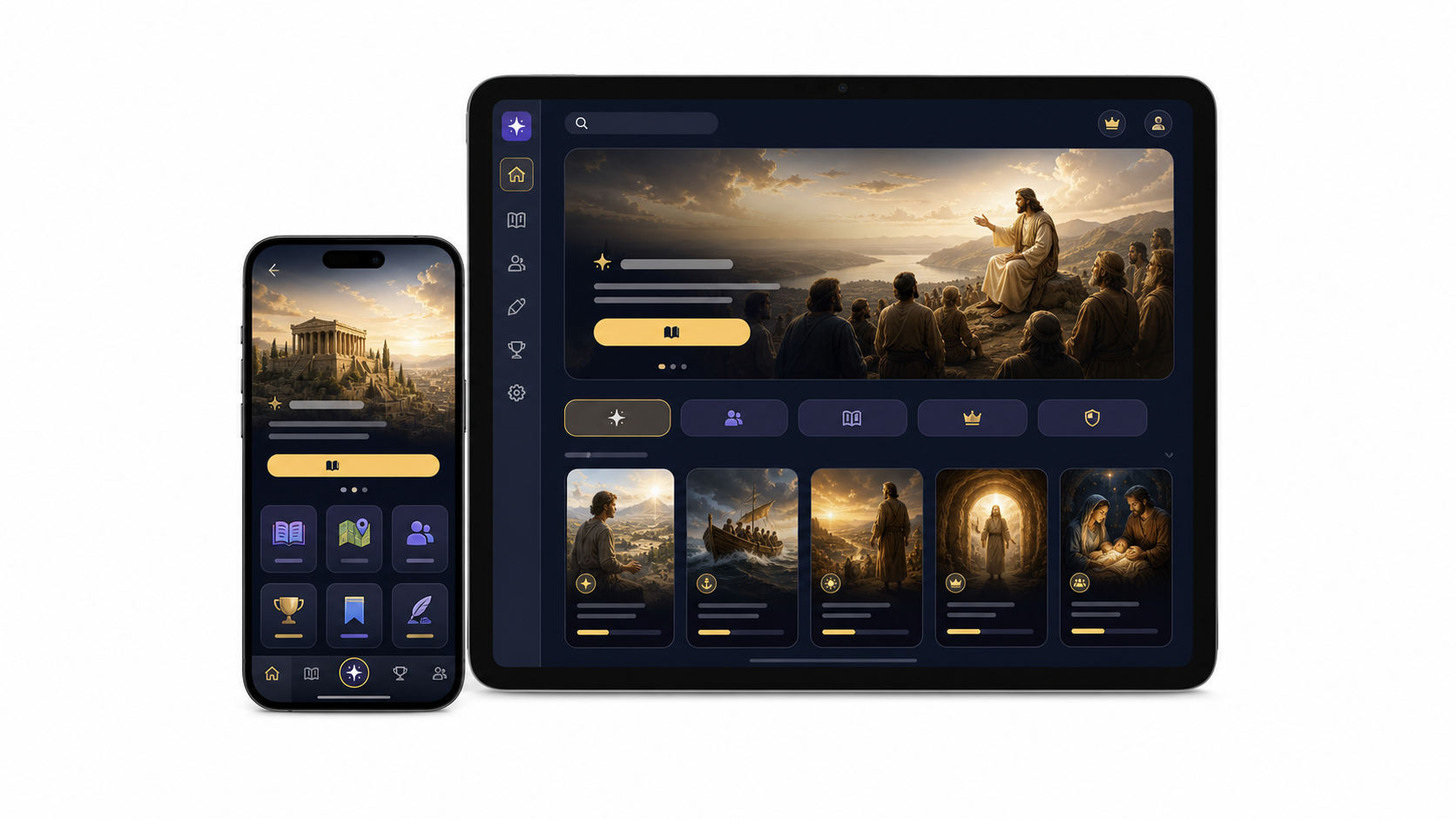 A Storybook Bible phone and tablet mockup with dark navy reading UI and warm biblical story cards.
